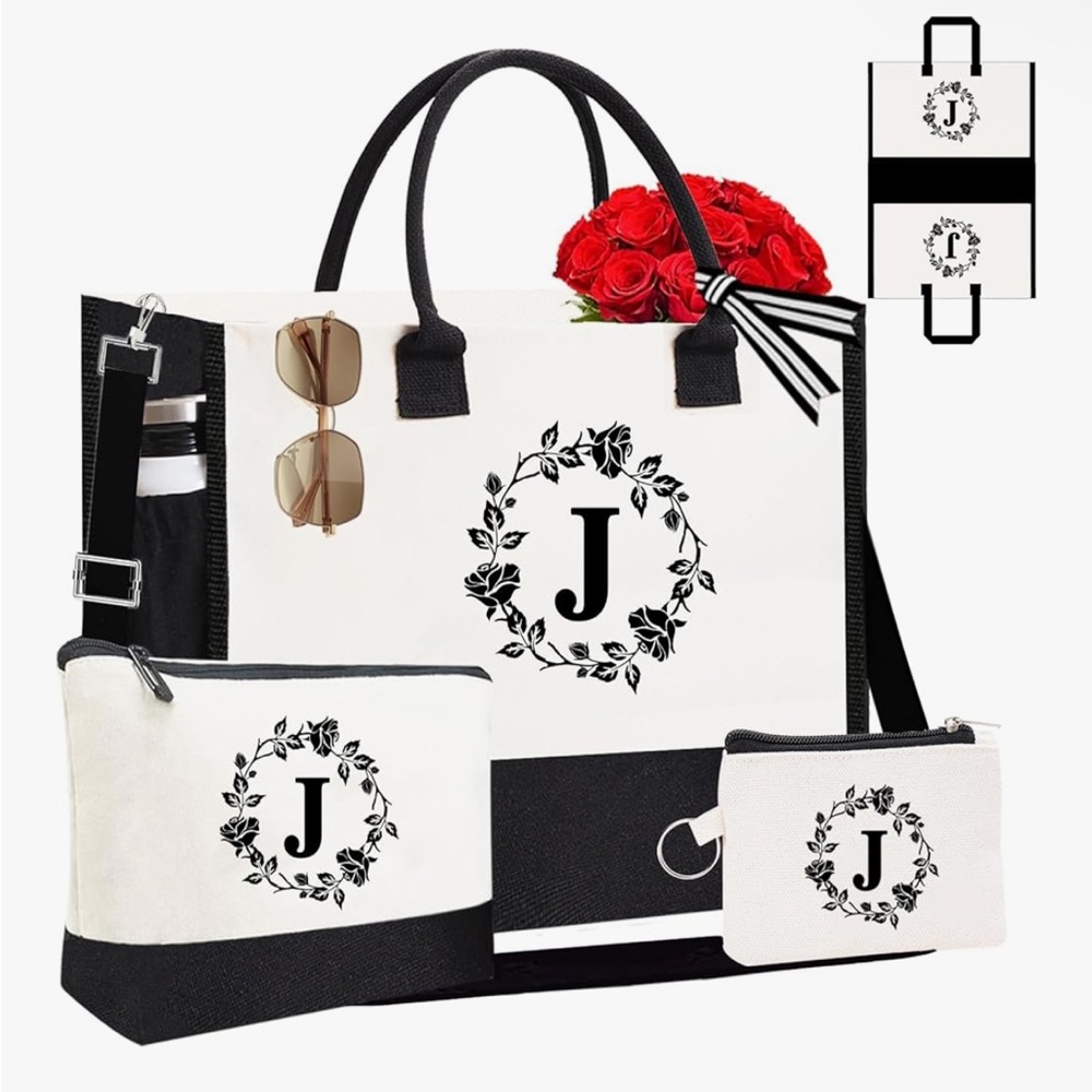 Embroidery Monogram Personalized Initial Canvas Tote Bags - J